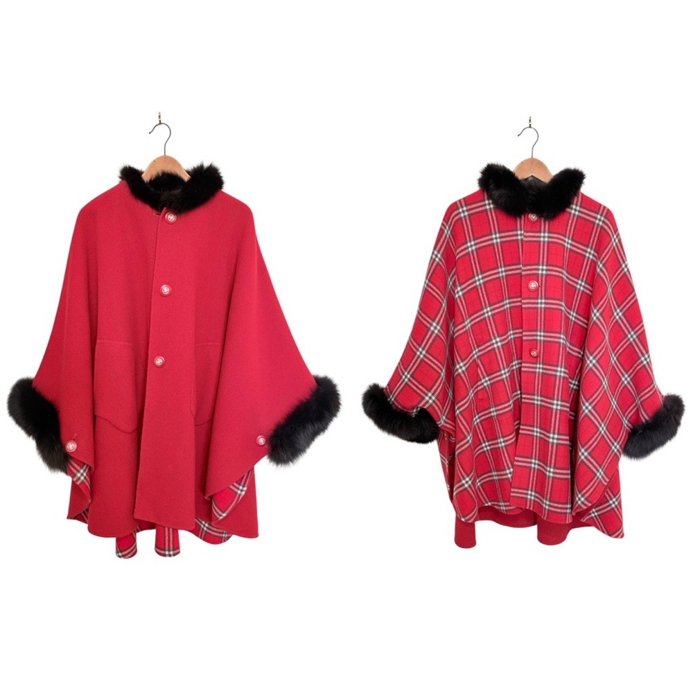Vintage Reversible Wool Plaid Red Cape Coat with Faux Fur Trim